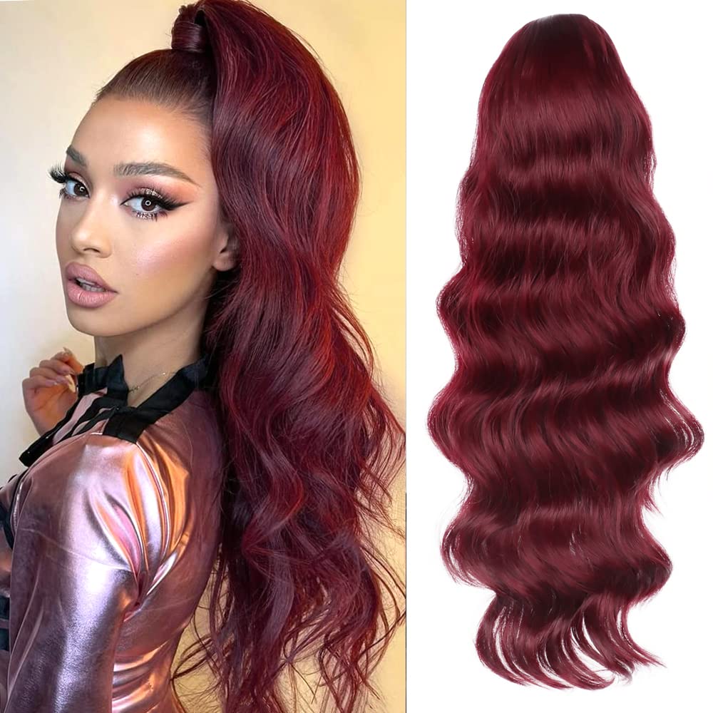 YEESHEDO Wine Red Long Wavy Ponytail Hair Extension for Women Drawstring Ponytail Hair Extensions Clip in Curly Synthetic Hairpiece 24 Inches