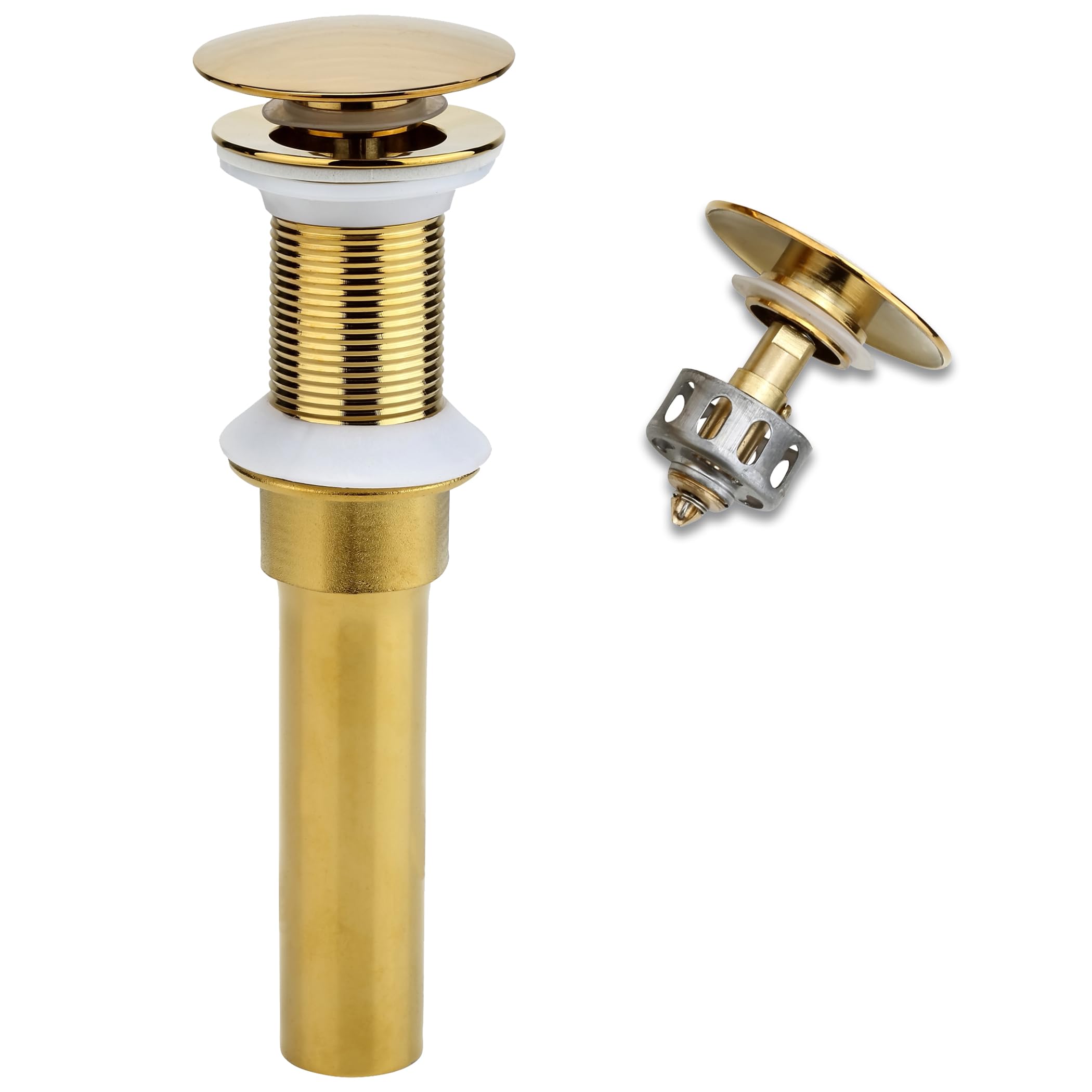 Photo 1 of Rockgoya Bathroom Sink Drain, Gold Drain Stopper Bathroom Sink Without Overflow,Pop Up Drain Assembly with Detachable Strainer Basket,Built-in Anti-Clogging Strainer,Stainless Steel