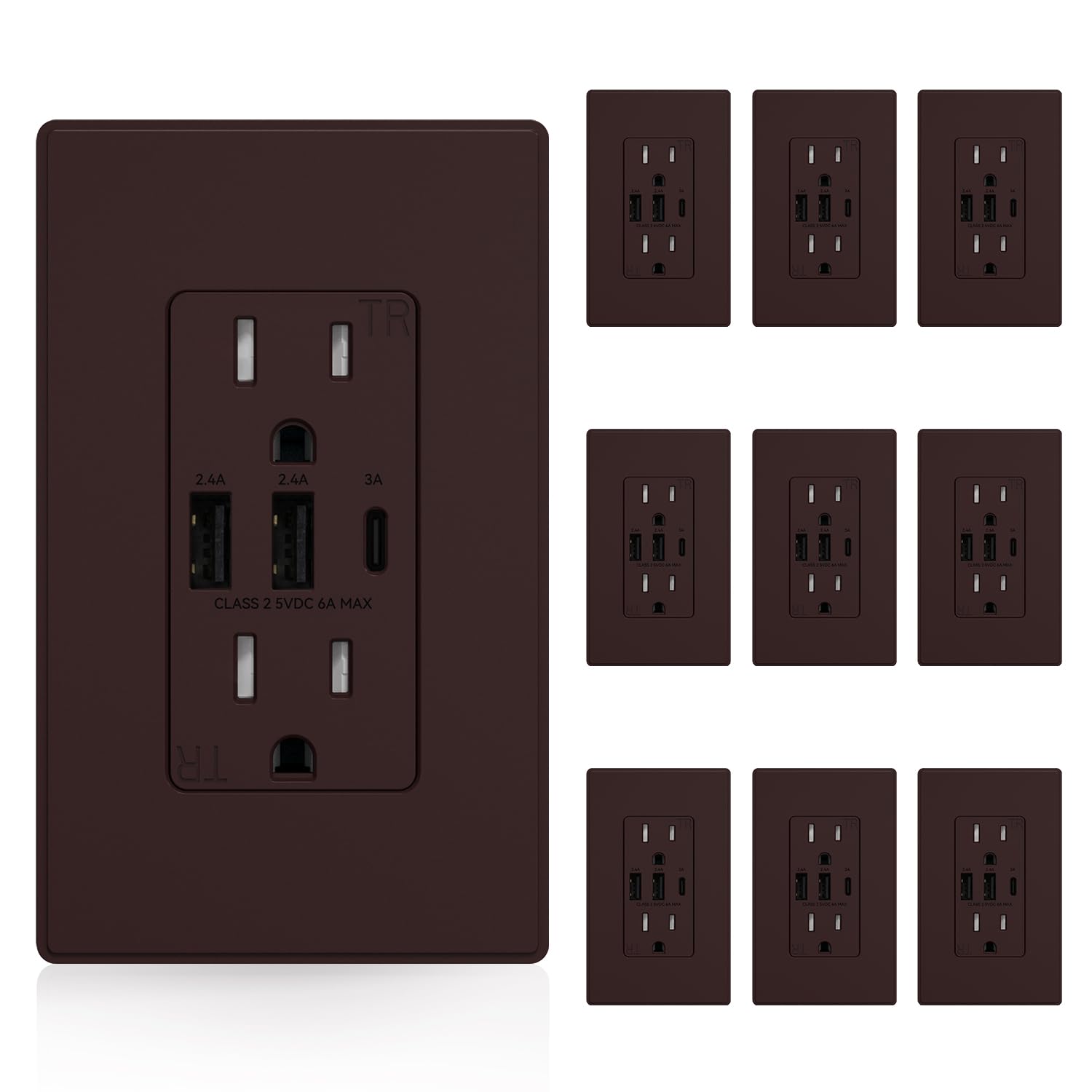 ELEGRP USB Outlets Receptacles, 3-Port Wall Outlet, 30W 6.0A Tamper-Resistant Electrical Outlet, 15 Amp Outlet with Type C Ports, UL Listed, Screwless Wall Plate Included, 10 Pack, Matte Brown Image