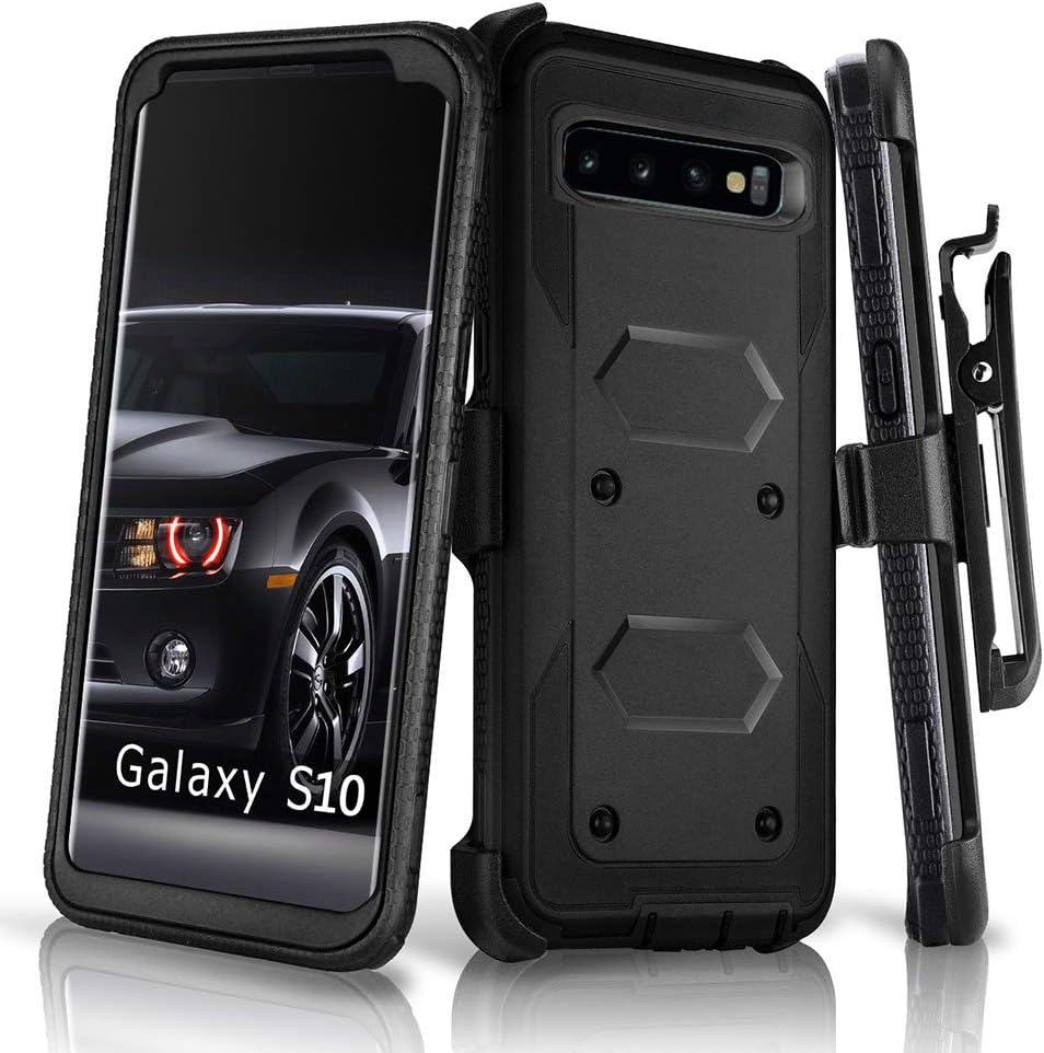 Compatible Galaxy S10+ Plus Case, HONTECH Heavy Duty Armor 2 in 1 Shockproof Series Dust-Proof Cover with a Screen Protector Case with a Belt-Clip Holster (Black)
