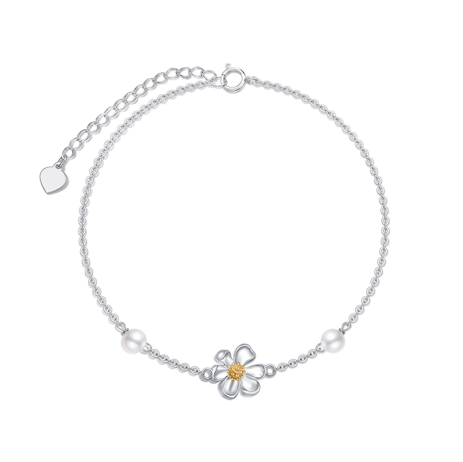 SISGEM 9 ct Gold Daisy Bracelet, Solid Yellow and White Gold Daisy Charm Link Bracelet with Freshwater Pearl, for Women Girls Ladies Mum Sisters, 7"+1"+1"