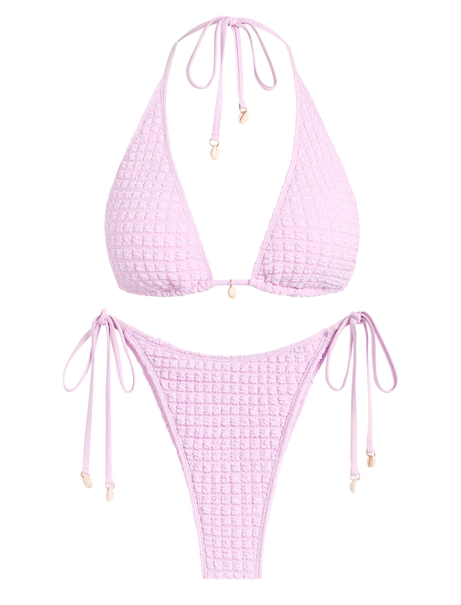 Photo 1 of ZAFUL Women's Triangle Bikini Multiway Fishnet Tie Side Bandeau Halter String Bikini Set Two Piece Swimsuit Bathing Suits (6-Textured Light Pink, M)