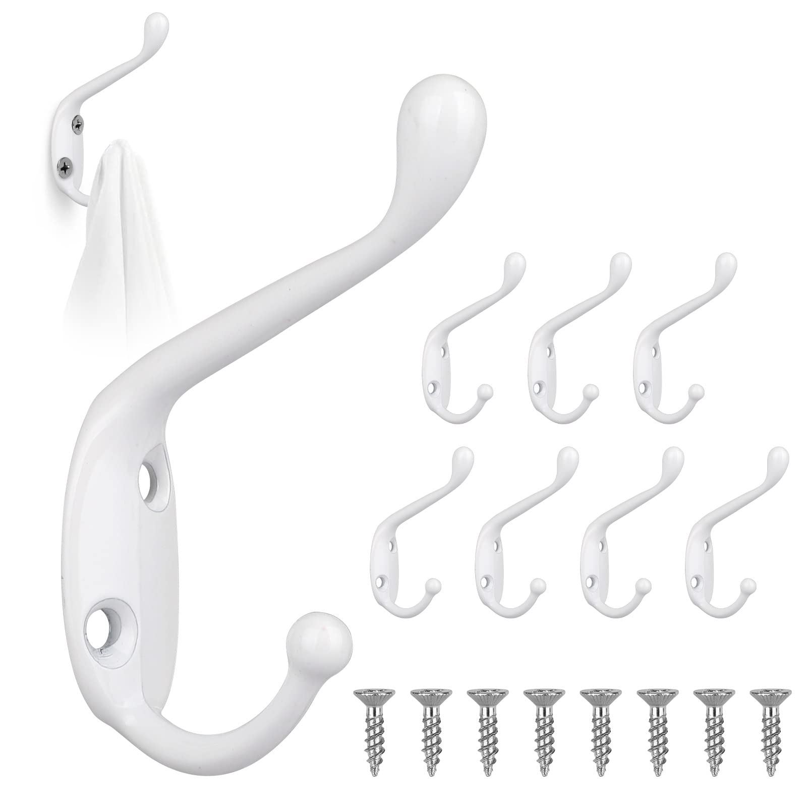 GOTRUST Prong Wall Mounted Hooks, 8Pcs Vintage Clothes Hooks for Coats, White Double Door Hook with 16Pcs Screws, Metal Bathroom Hanger Hook for Towel Hat Keys Bag