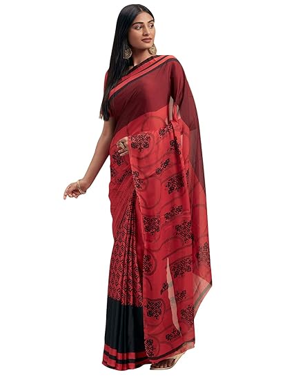 Georgette Strip Print Saree[S_SHIKHA30021SR02_perent_Red & Yellow]