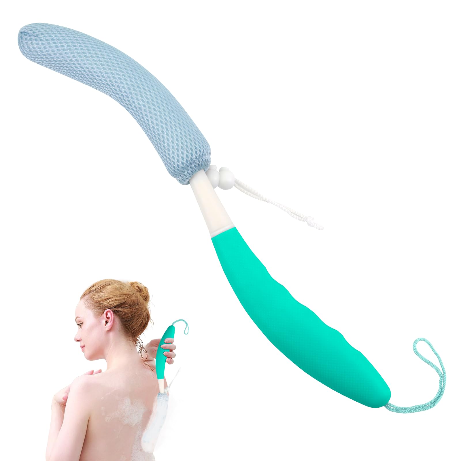 KkaFFe Shower Body Brush Skin Exfoliating Curved Back Scrub Massage Bath Extra Large Handle European and American Hand-Shaped Removable Bold Long Washer (Green-Green), 43cm