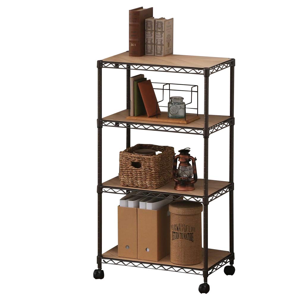 アイリスオーヤマ カラーラック メタルラック 4段 ブラウン ウッドボード付き キャスター付き 防サビ加工 幅55×奥行35×高さ103cm ポール径19mm スチールラック サビに強い 本体 CMM-55104B商品画像