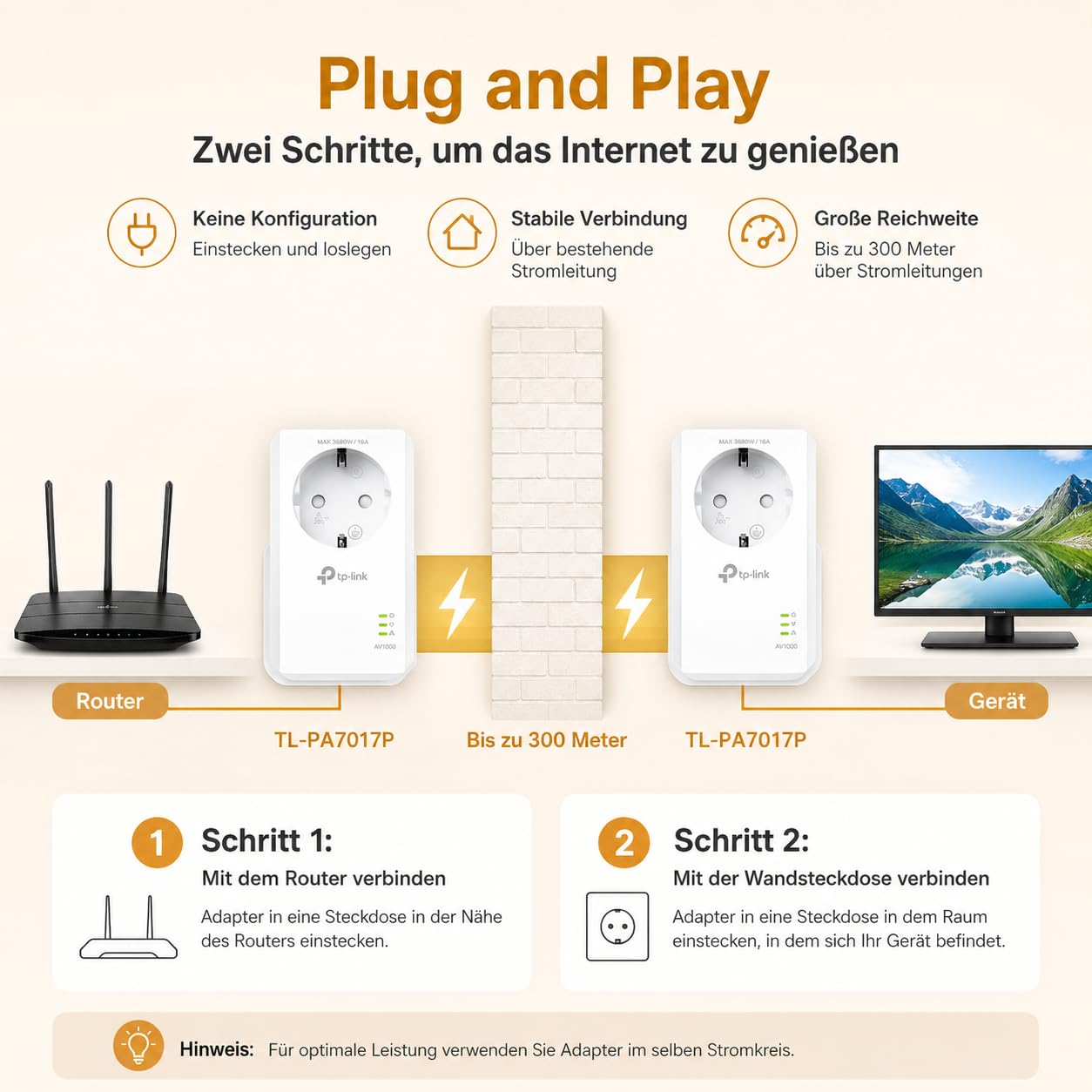 TP-Link Powerline Adapter Set TL-PA7017P KIT(1000Mbit/s, mit Steckdose, Gigabit-Port, Plug&Play, Kompatibel mit HomePlug AV/AV2 Powerline Adaptern, Ideal für Media-Streaming) 3