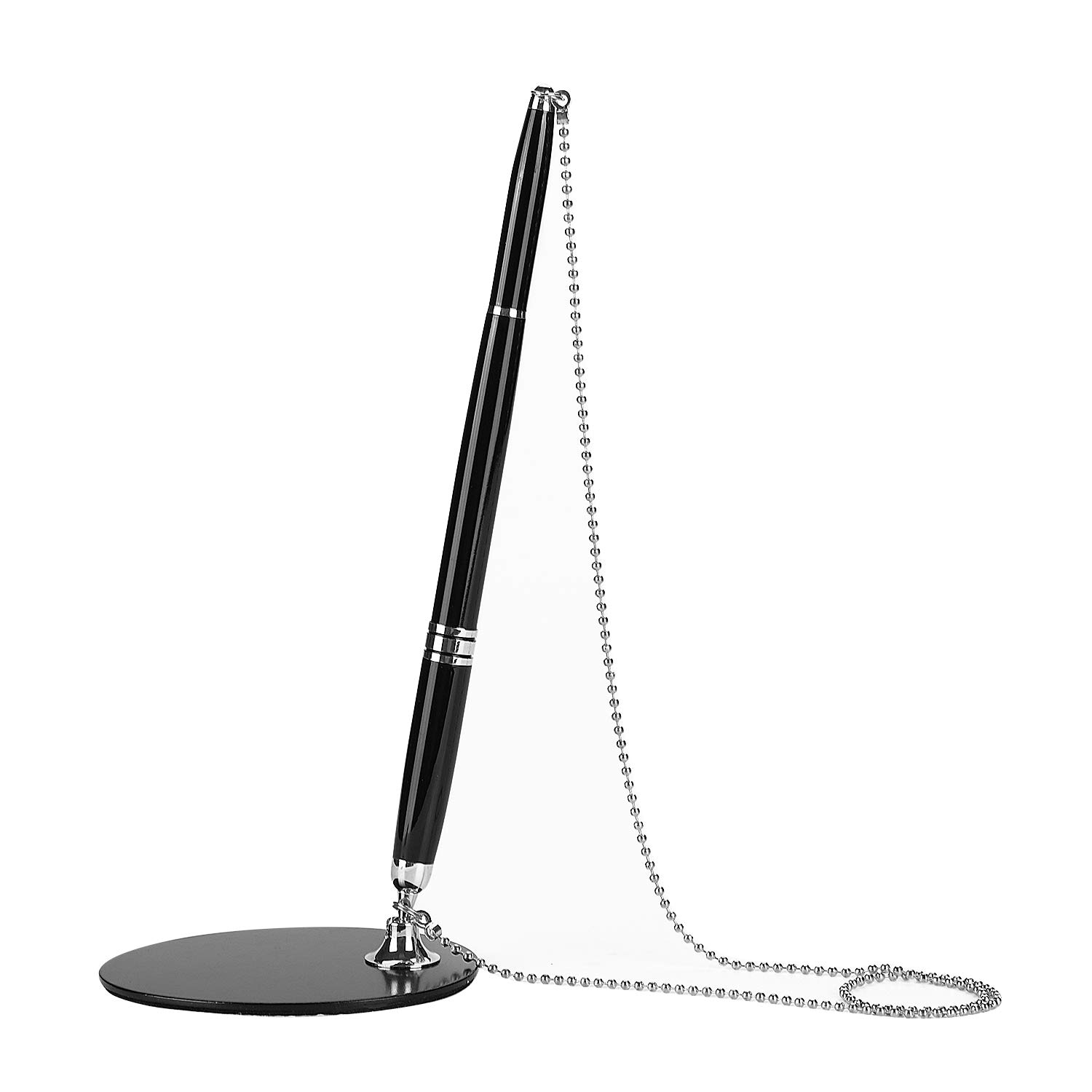 ITODA Reception Pen Desk Set on Chain with Stand, Black Counter Pen Wear-resistant Sign Pen Desktop Pens Bank Pens for Bank Office Hotel Home, Silver