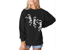 BOUTIKOME Women's Halloween Sweatshirts Dancing Skeleton Shirts Horror Skull Long Sleeve Crewneck Pullover Oversized Top