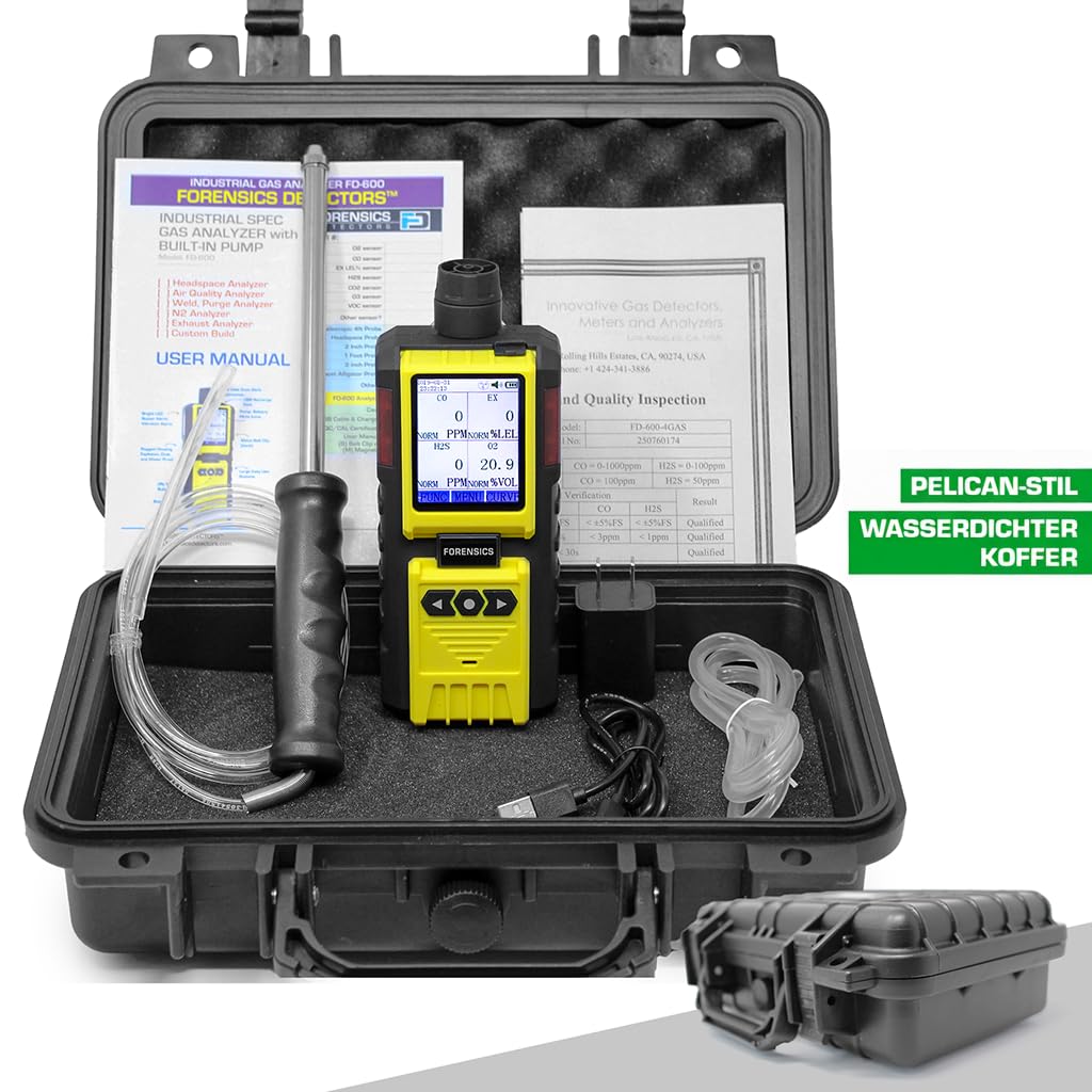 4-Gas-Messgerät mit Pumpe und Sonde | EU-Kalibrierzertifikat | Integrierte Pumpe und 4-Fuß-Sonde | Sauerstoff (O2), Kohlenmonoxid (CO), Schwefelwasserstoff (H2S), EX%UEG 6