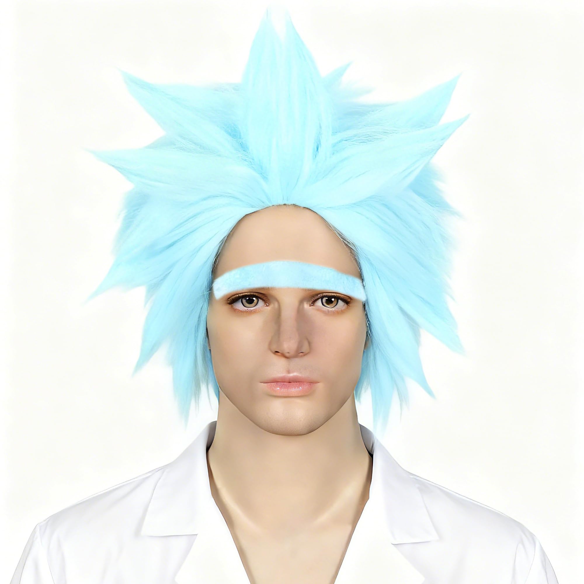 Linfairy Short Blue Wig & Fake Eyebrow Halloween Costume Fuzzy Funny Wig for Men