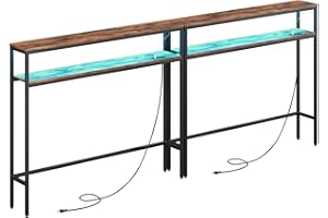 CollaredEagle 5.9" Dx39.4 Wx 39.4" H Console Sofa Table with Power Outlets, Narrow Entryway Table with LED, 2 Pcs Skinny Hallway Table with Shelf, Behind Couch Table for Living Room