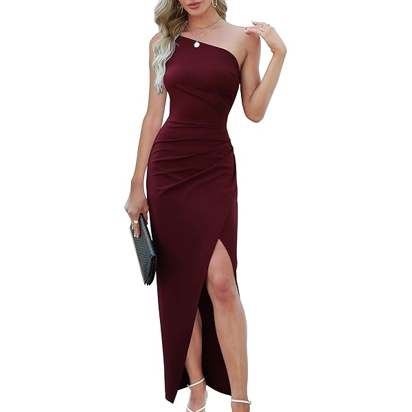 Sarin Mathews Womens One Shoulder Long Sleeve Cocktail Dresses Sexy Bodycon  Ruched Wrap Split Party Formal Long Dress Burgundy S at Amazon Women's  Clothing store