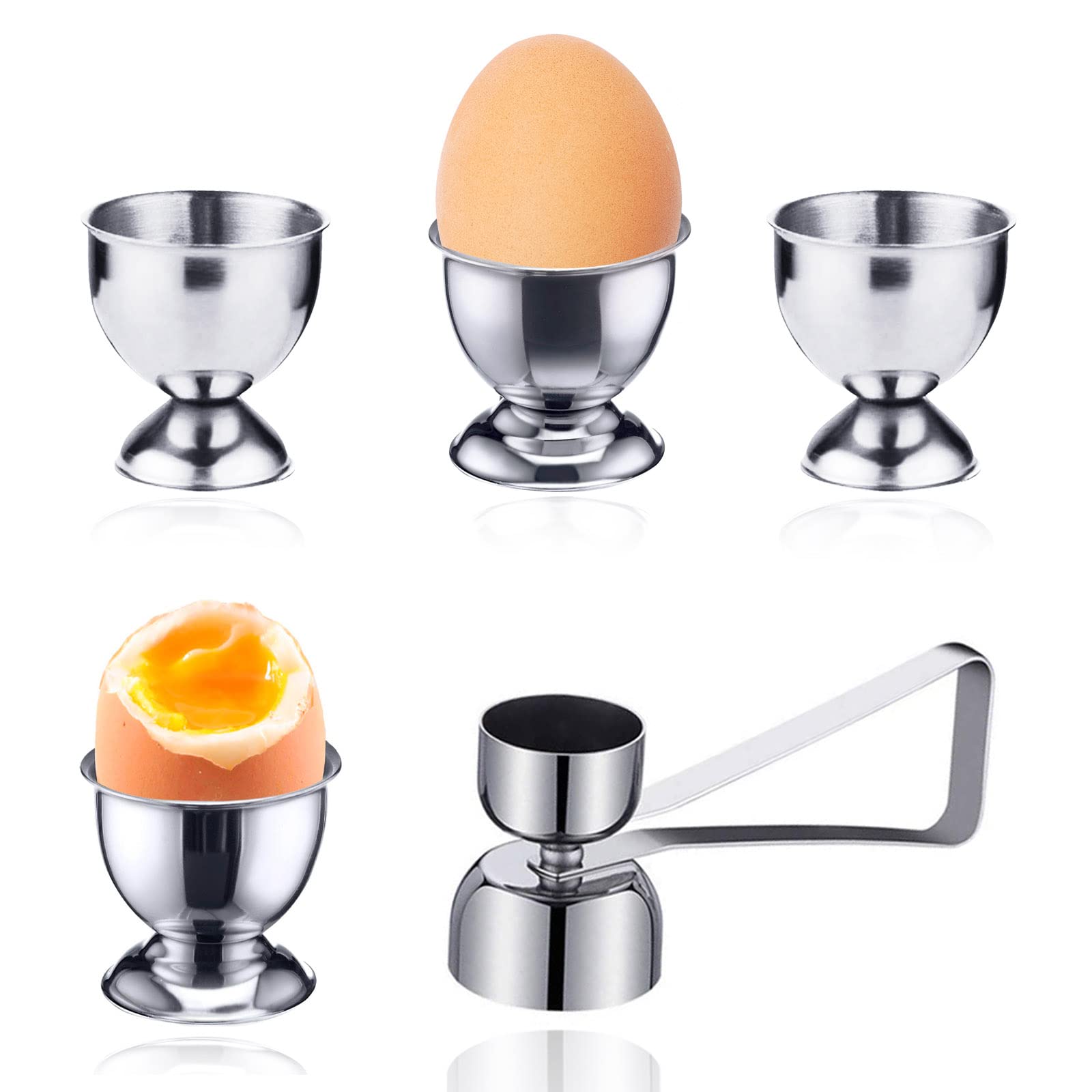 Stainless Steel Egg Cups, 4 Pieces Breakfast Tray Egg Cup Holder, Egg Holder Set, Comes with an egg opener, Small Wine Glass Shape