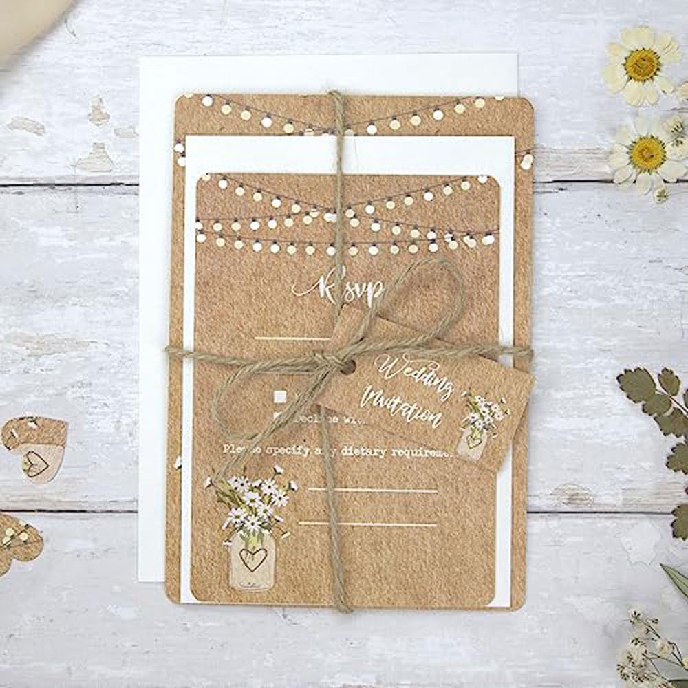 Dotty about Paper Rustic Mason Jar Flowers - Premium Wedding Invitations & RSVP - Pack of 10. Floral, Vintage, Kraft. Perfect For Friends And Family, Envelopes Included. (594)