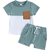 fhutpw Baby Toddler Boy Clothes Summer Outfits 6 12 18 24 Months Patchwork Short Sleeve T Shirt & Shorts Sets with Pockets