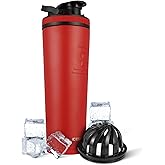Ice Shaker Insulated Stainless Steel Shaker Bottle | 32oz, Red | Cold for 30+ Hours | Insulated Cup with Twist-on Agitator | Odor-Free Bottle for Protein Shakes, Water, Smoothies, Cocktails
