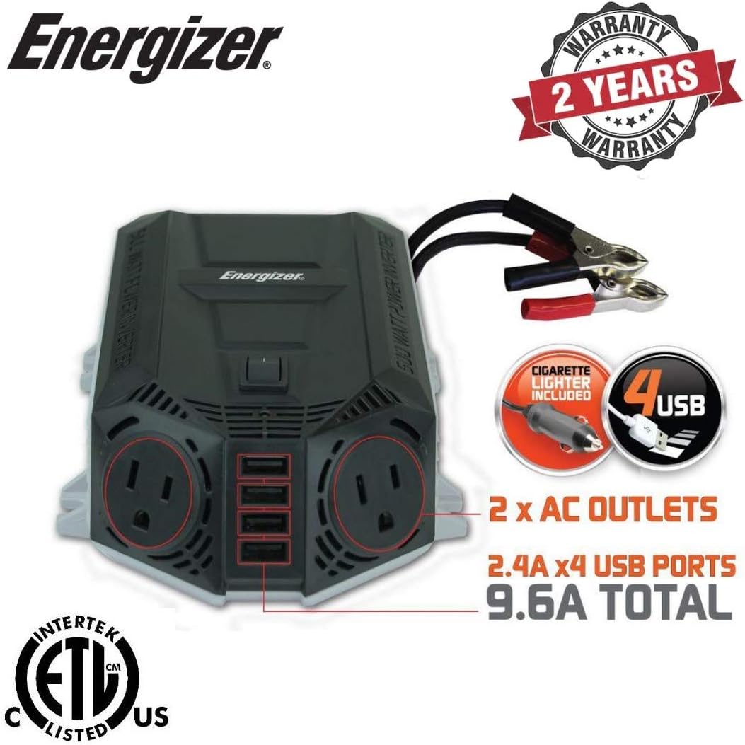 Energizer 500 Watts Power Inverter w/ 48 Watts USB Ports, Modified Sine Wave Car Inverter, DC to AC Converter with Dual 110 Volts AC Outlets and 4 USB Ports 2.4A ea - METLab Approved Under UL Std 458: Car Electronics