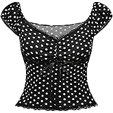 Floerns Women's Plus Size Polka Dots Lace Trim T Shirt V Neck Cap Sleeve Bow Tee Top