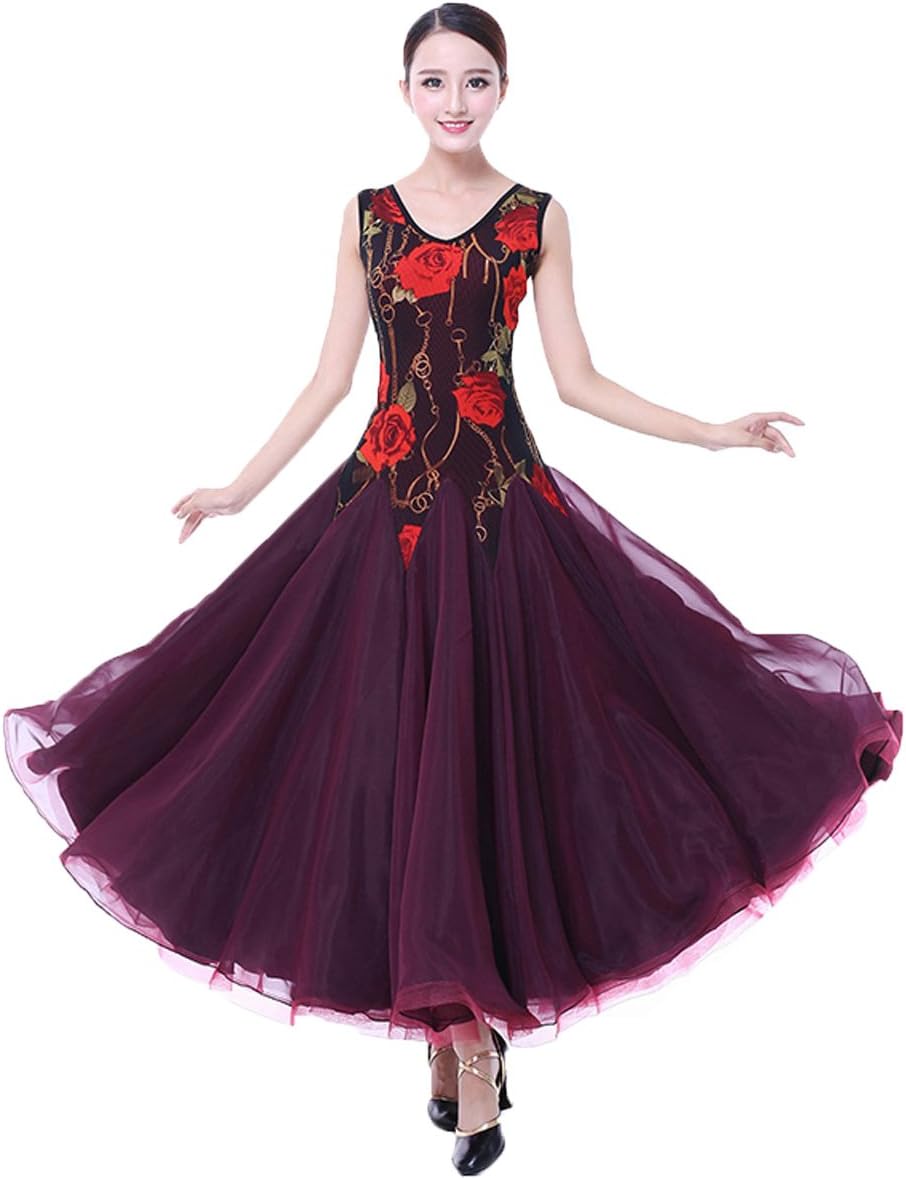 YC WELL Women Flamenco Dress Ballroom Dance Sleeveless Dresses Waltz Tango Dance