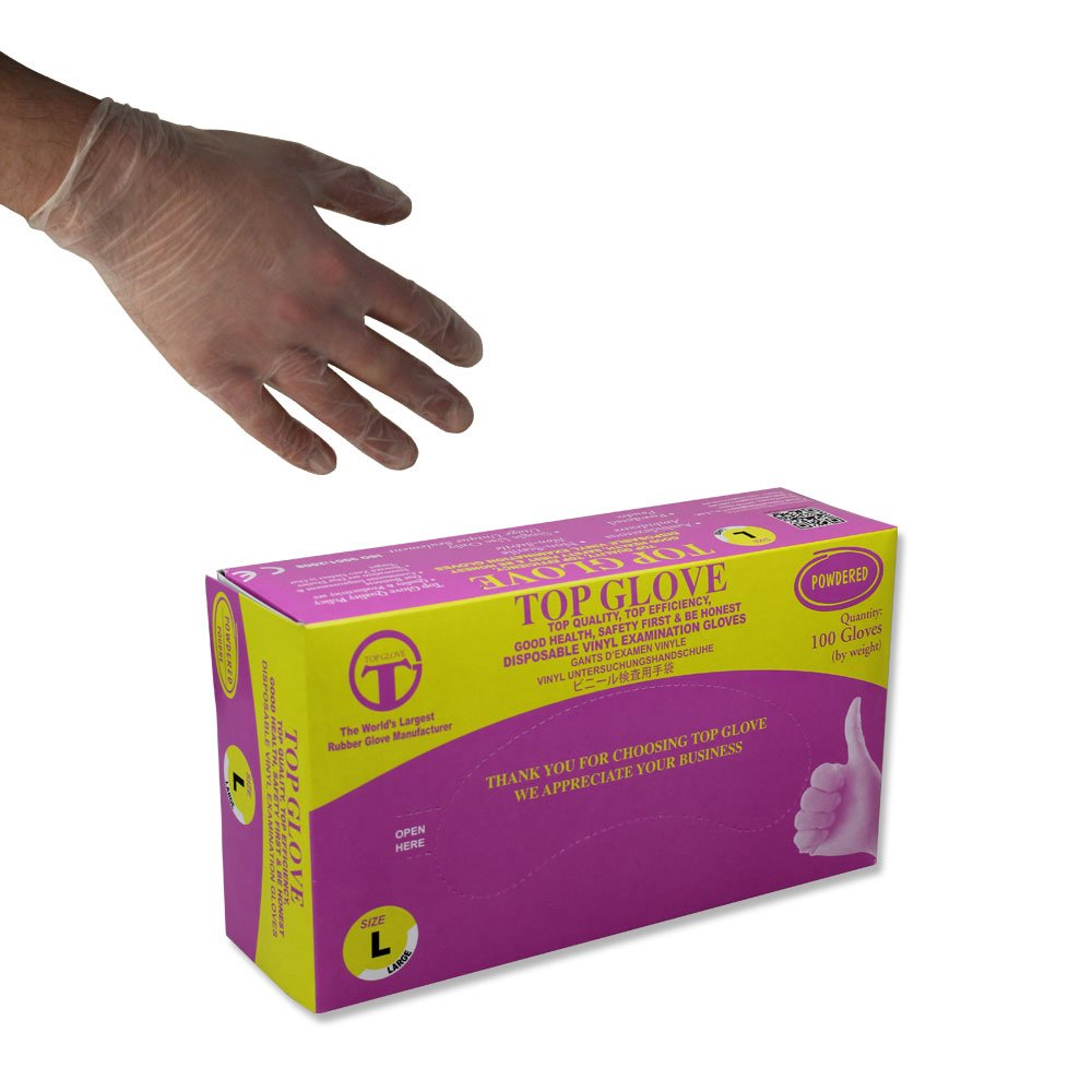 Top Glove Lightly Powdered Disposable Vinyl Gloves AQL 1.5 Box of