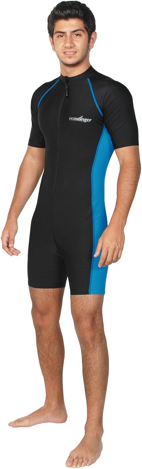 Men Sun Protective Sunsuit Full Body Swimsuit Short Sleeves UPF50+ Black Blue: Clothing