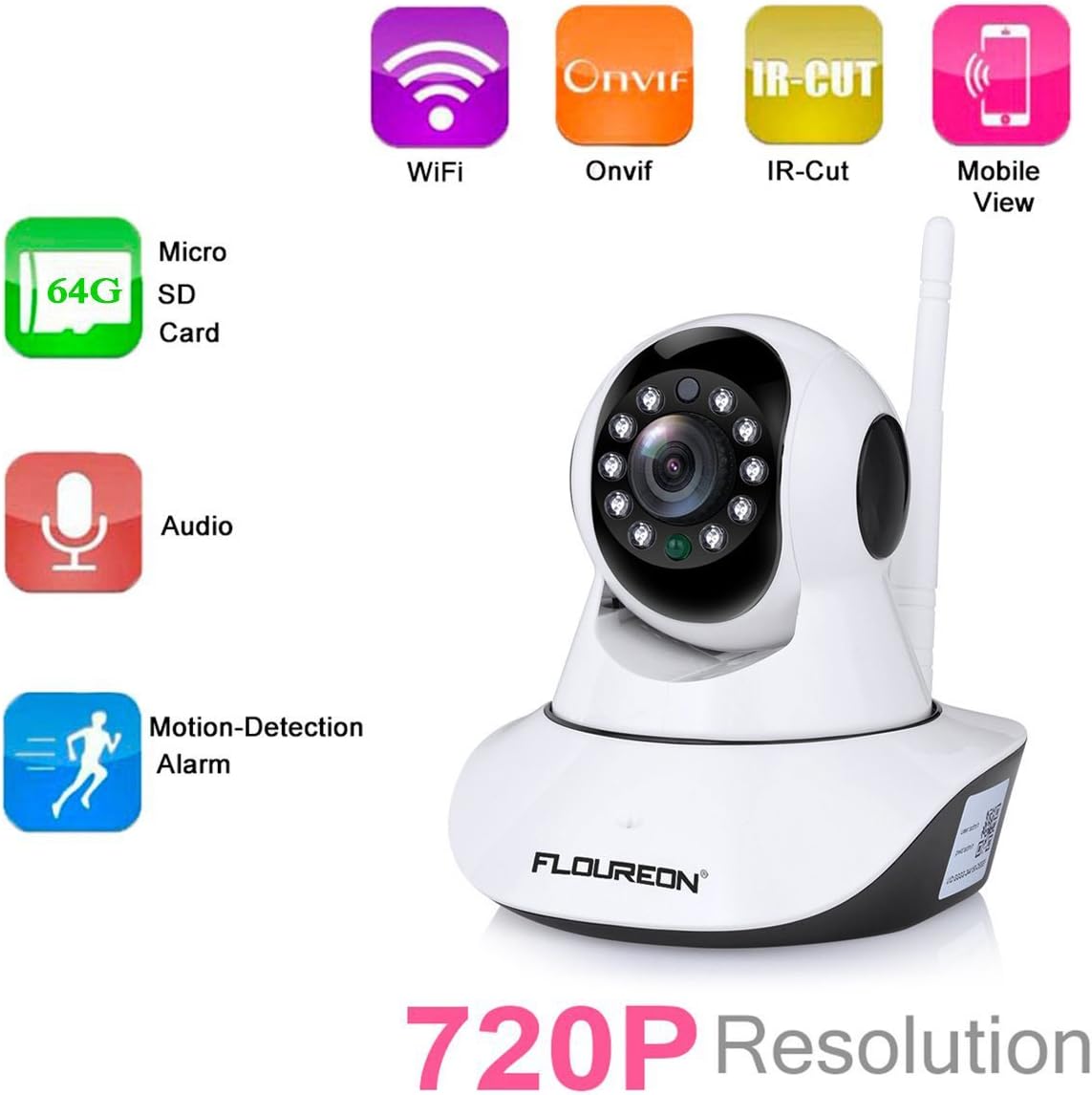 FLOUREON 720P Telecamera IP Camera Senza Fili WiFi 1.0MP IP Cam ONVIF