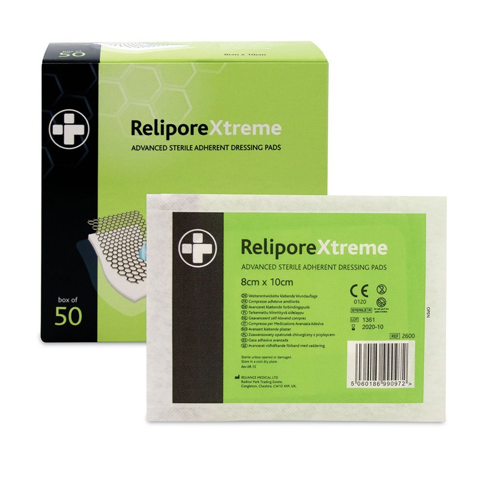 Reliance Medical Sterile Relipore Xtreme Adhesive Dressing Pads for High Exudate Wounds with Unique Absorbency Technology, 10 cm x 8 cm, Box of 50