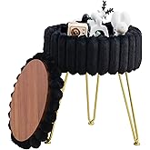 Wimarsbon Vanity Stool with Storage, Faux Fur Ottoman Chair with Metal Legs, Round Makeup Vanity Chair for Bedroom or Dressing Table, Modern Small Ottoman Seat (Black)