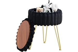 Wimarsbon Vanity Stool with Storage, Faux Fur Ottoman Chair with Metal Legs, Round Makeup Vanity Chair for Bedroom or Dressing Table, Modern Small Ottoman Seat (Black)