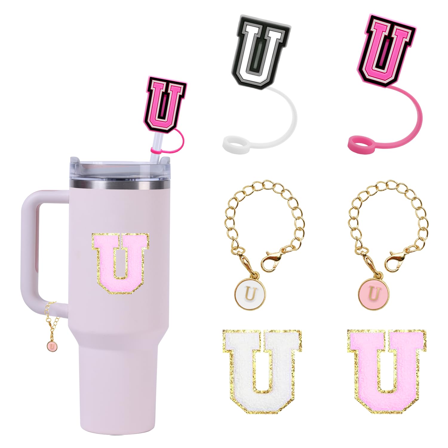 Photo 1 of (2+2+2) Straw Cover for Stanley Cup 30&40 Oz, 10mm Straw Topper, Stanley Cup Accessories Letter Charms, Name ID Initial Letter Handle Personalized Charm For Stanley Tumbler Sticker (Letter U) x4