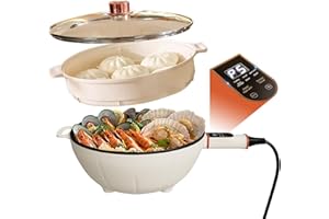 4L Smart Hot Pot 1000W Electric w. A Steamer Non-Stick Coating Multifunctional Electric Cooker & Timer Control Handle 12" Big