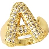 LIU JUN Initial Rings for Women, Bubble Letter Initial Balloon Ring Adjustable Charm Rings Open 14K Chunky Gold Rings Jewelry