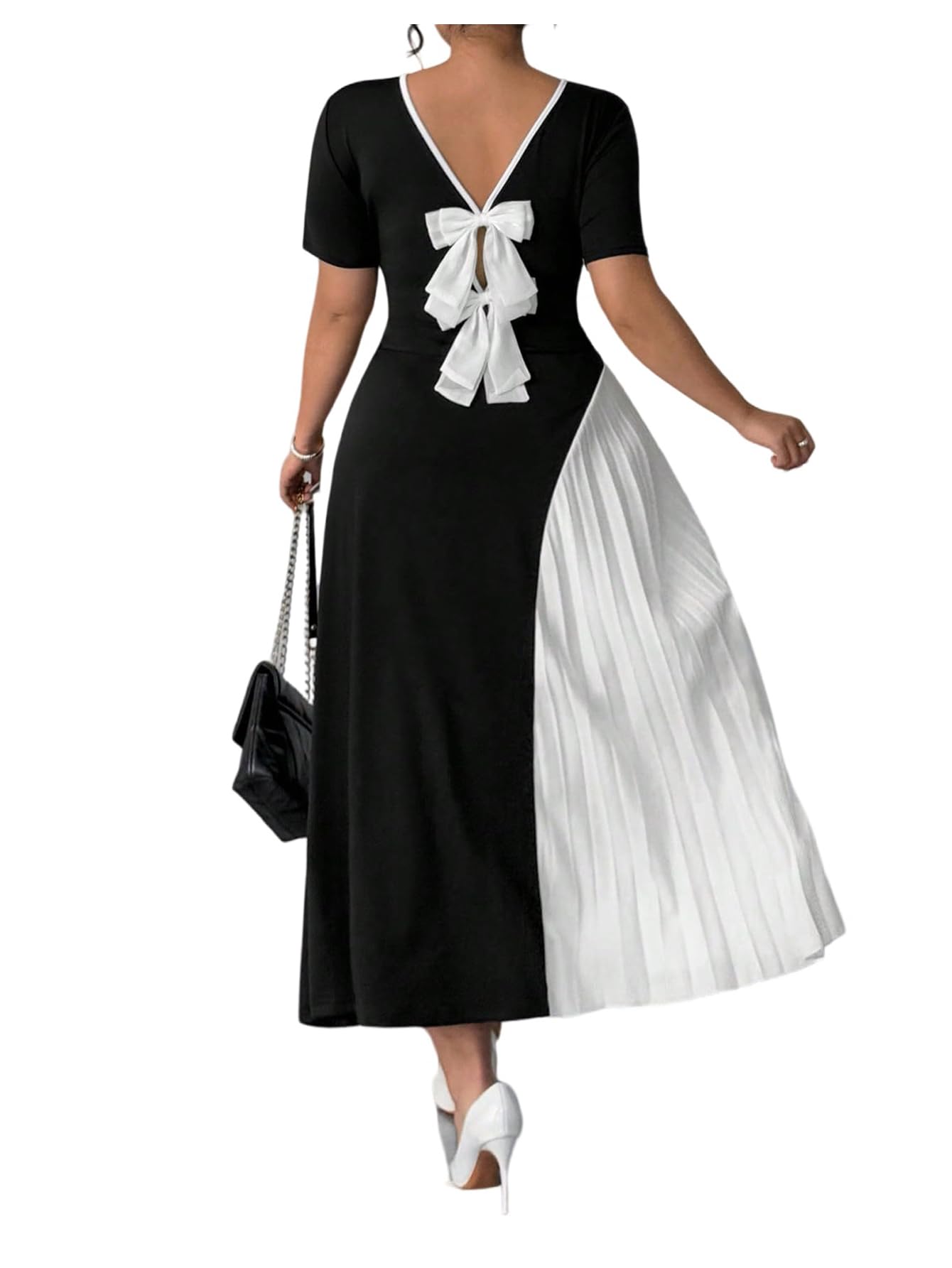Photo 1 of GORGLITTER Women's Plus Size Bow Pleated Cocktail Maxi Dress Color Block Short Sleeve Birthday Prom Formal Long Dresses Black and White XX-Large Plus
