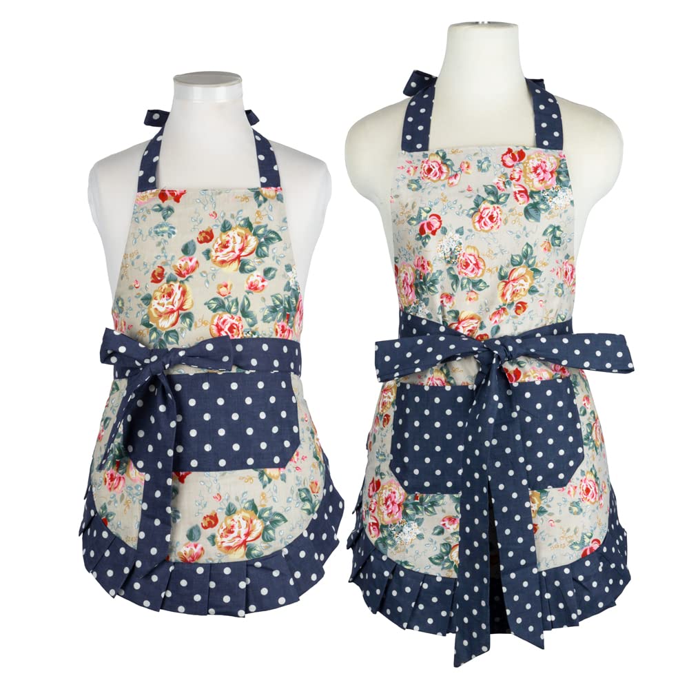 NEOVIVA 2 Pack Kitchen Aprons Set for Women and Kids, Adjustable Big Personalised Chef Bakers Cotton Apron with Pockets Wipe Clean Pinafore for Cooking Baking Gardening Grilling, Floral Quarry Bloom — image 1