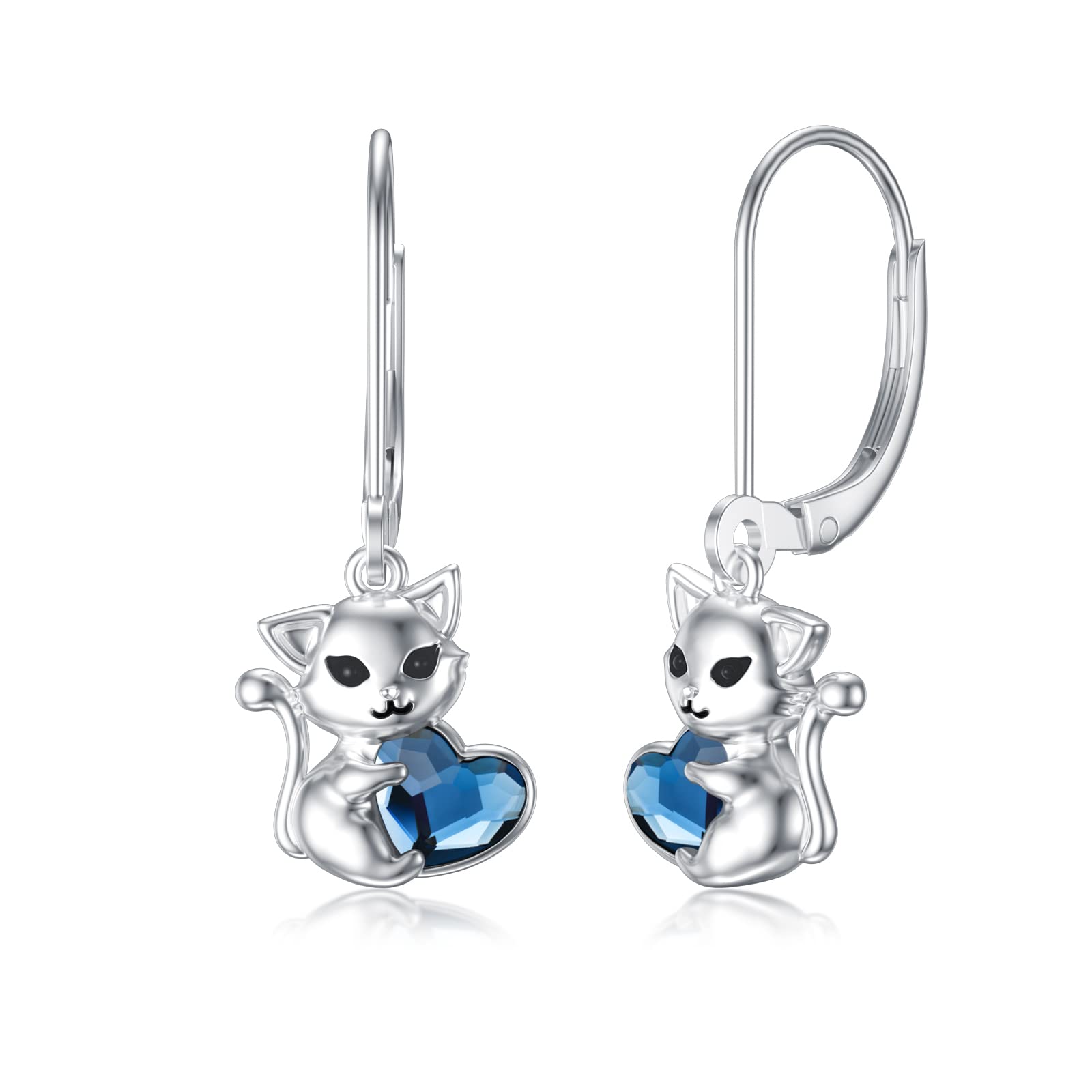 Flpruy Cat Leverback Earrings with Blue Crystal 925 Sterling Silver Cat Dangle Earrings Cat Gifts for Cat Lovers Jewelry Gift for Women