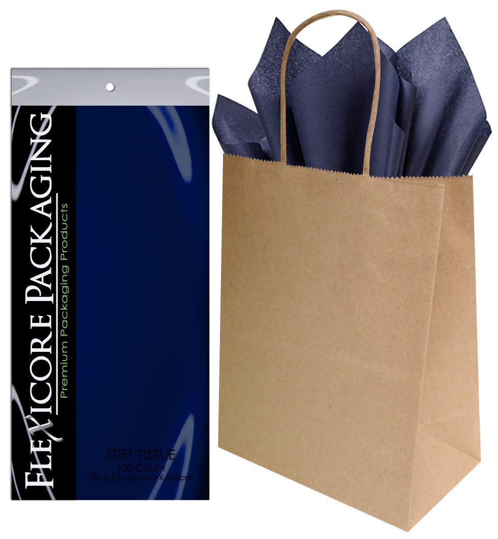 Flexicore Packaging Brown Kraft Paper Gift Bags & Navy Blue Gift Wrap Tissue Paper Size: 8 Inch X 4.75 Inch X 10.5 Inch | Count: 50 Bags | Color: Navy Blue