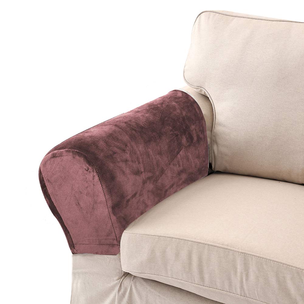 Golden Apple Velvet Soft Arm Slipcovers - Pack of 2 Elastic Armrest Protectors - Removable Sofa Arm Covers (Coffee)
