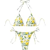 WDIRARA Women's Tropical Print Halter Bikini Set Tie Side Triangle Swimsuit Two Piece Bathing Suit