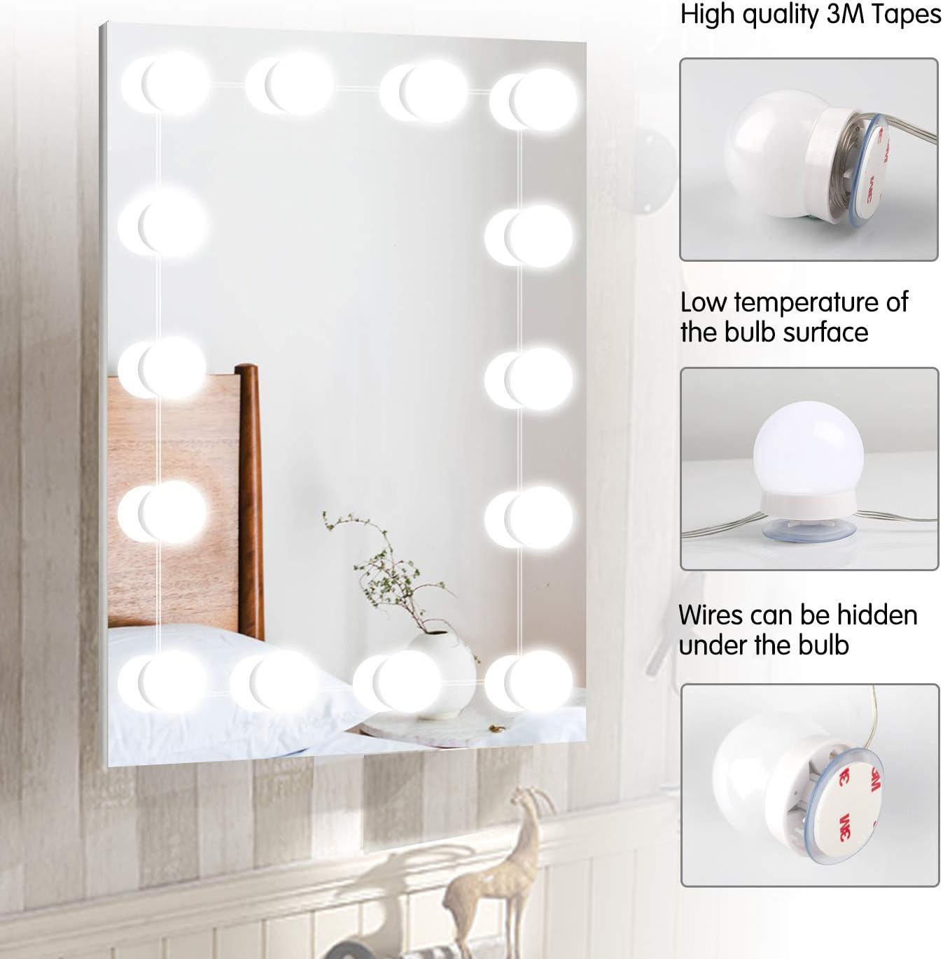 Hollywood Led Vanity Lights Strip Kit with 14 Dimmable Light Bulbs for Full Body Length Makeup Mirror and Bathroom Wall Mirror, Plug in Vanity Mirror Lights with Power Supply, 3 Color Modes: Home Improvement