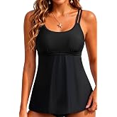 Tankini Top for Women- Tummy Control Swimsuit Top Only Modest Bathing Suit | Flowy Loose Fit, Removable Pads, Adjustable Straps, Utilize empire seam to elevate waist, Stretch Fabric
