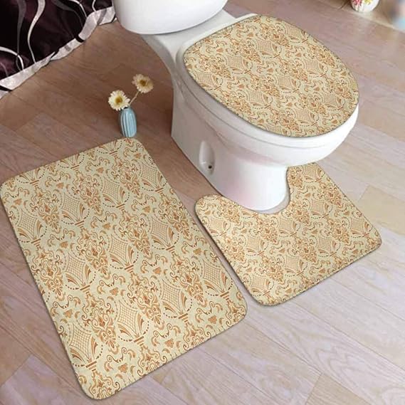 Beige Bath Rug Set 3 Piece, Victorian Patterns in Retro Style Antique