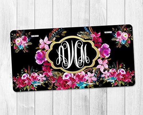 Personalized Monogram License Plate Custom Name Boho Floral Gold Frame Black Background