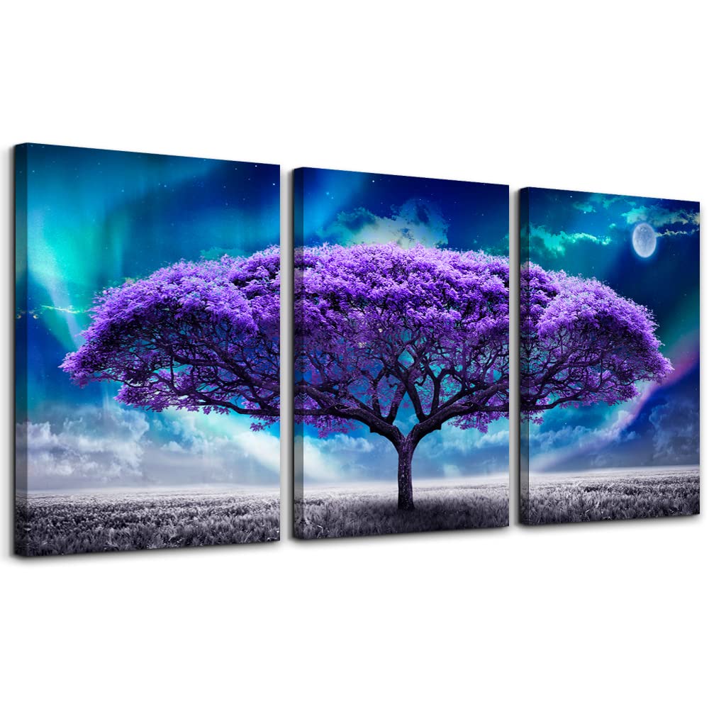 MHARTK66 Purple Tree Aurora Canvas Wall Art for Living Room, Modern Northern Lights Artwork Nature Landscape Bathroom Pictures Bedroom Wall Decor, Family Print Painting Wall Decoration Hallway Office
