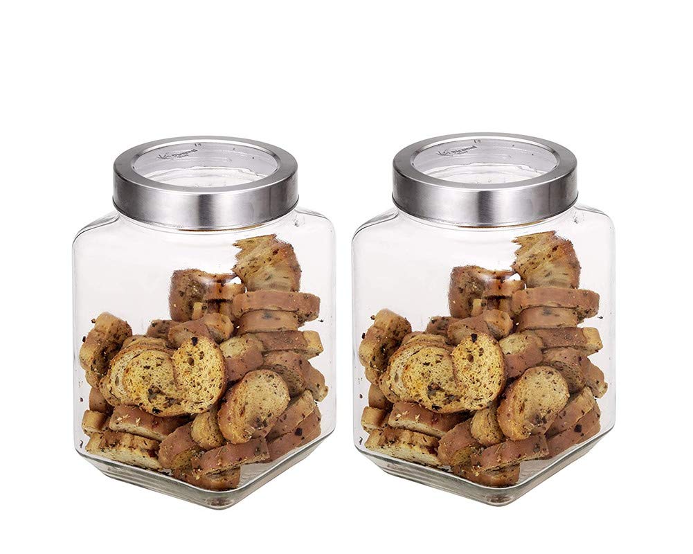 NEWTOWN Square Glass Storage Jars with Steel Lid 1500 ml (Set of 2