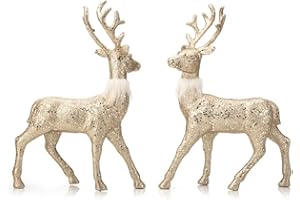 GEDLIRE Christmas Reindeer Figurine Decorations 2 Pcs, 12.6” Holiday Standing Deer Statues, Glitter Gold Christmas Elk Ornaments for Dinner Tabletop Centerpiece Home Decor, Champange Gold