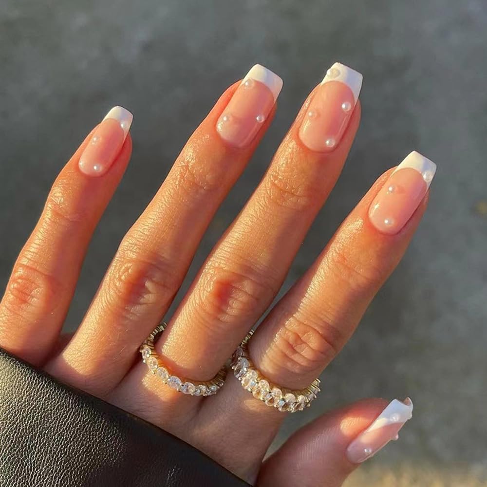 Photo 1 of ANDGING French Tip Press on Nails White Coffin Short Medium Fake Nails with Pearl Design fake nails for Women Gel Acrylic False Nails with Glue Full Cover stick on nail for Wedding Birthday 24Pcs
