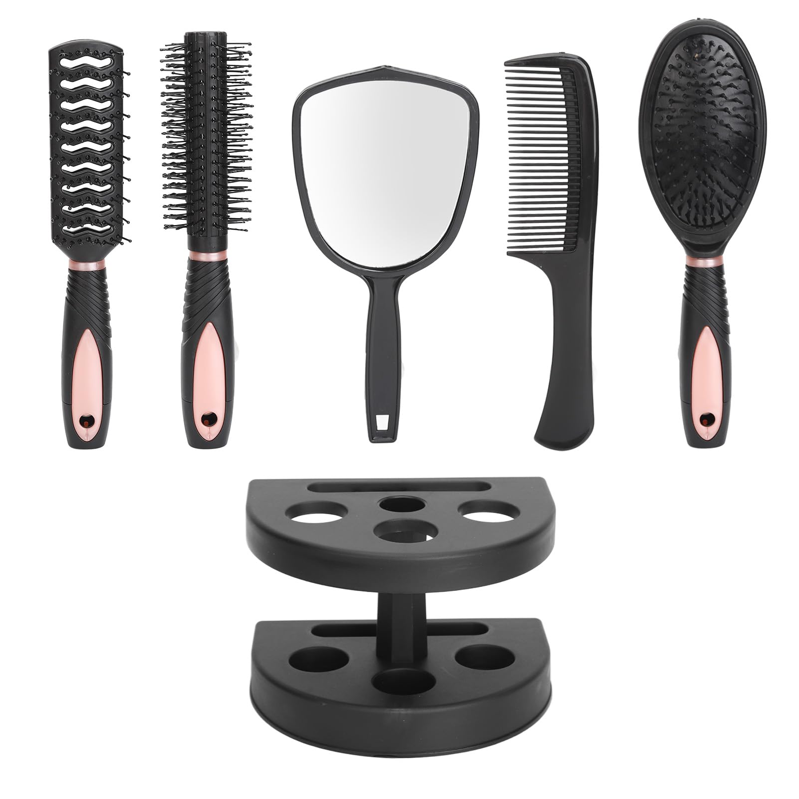 5Pcs Hair Comb Brush Set with Mirror, Anti-Static Professional Detangle Hair Brush Set with Hairbrush Holder for Wet and Dry Hair, Curly and Straight Hair, Round Brushes for Blow Drying, Black