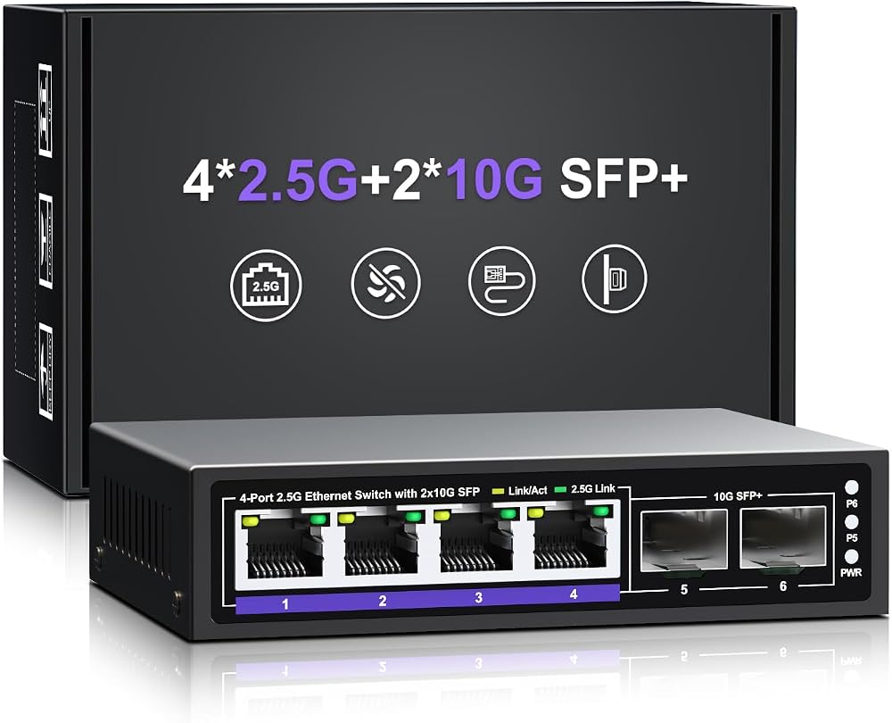 NICGIGA 6 Port 2.5G Unmanaged Switch 4x2.5G 2x10G SFP+ Metal Desktop