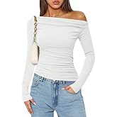 ZESICA Womens Off Shoulder Long Sleeve Tops 2026 Spring Casual Boat Neck Ruched Slim Fit Going Out Y2k Shirts Blouses